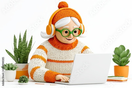 Senior woman online class language class laptop headphones glasses education home study digital learning elderly learner
