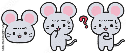 Foto 困る、はてなマークを出しているネズミのイラストセット
