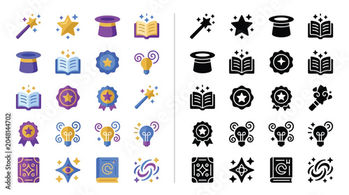 Collection of magical and creative icons including a wand, star, hat, book, lightbulb, and galaxy.
