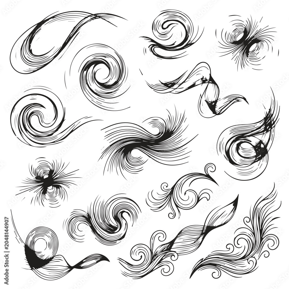 Fototapeta premium Collection of hand drawn abstract ink swirls and fluid wind textures