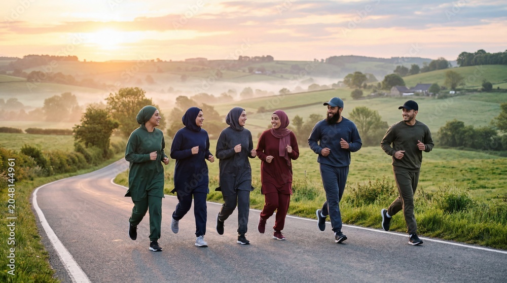 Obraz premium Friends Jogging Through a Countryside Road at Dawn