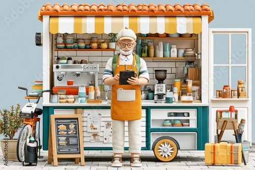 Street coffee cart coffee cart owner online order tablet computer espresso machine coffee shop small business barista street vendor outdoor kiosk