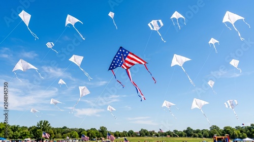 Patriotic kite soaring in the sky symbolizing freedom, optimism, celebration, and the American spirit.

