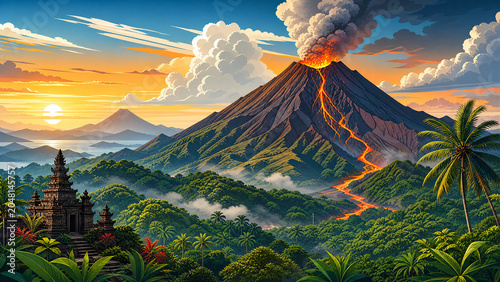 Dramatic tropical volcanic eruption with fiery lava flows illuminating a vibrant sunset sky over a lush jungle landscape, showcasing nature's majestic power and exotic beauty