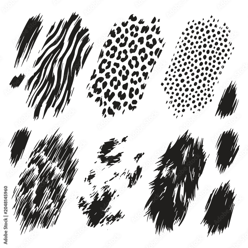 Fototapeta premium Set of animal skin patterned paint brush strokes with artistic, abstract