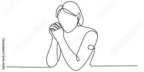 Photography Woman praying with hands clasped in continuous line art