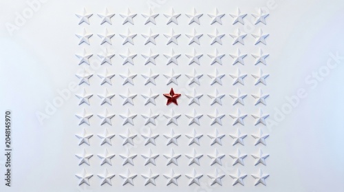 Single red star standing out among white stars symbolizing patriotism, freedom, leadership, national pride, and Independence Day celebration.