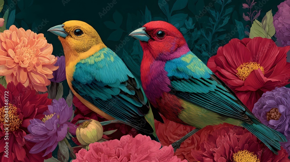 Fototapeta premium two colorful birds sitting on some flowers.