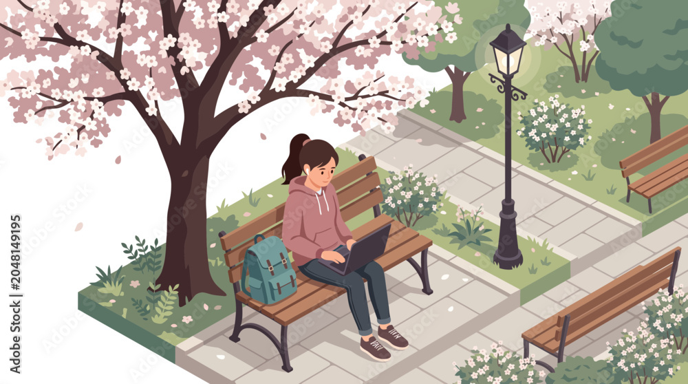 Fototapeta premium Woman Working on Laptop on Park Bench Under Cherry Blossom Trees