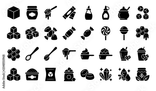 Konstfotografi Sugar and sweetener solid fill icon collection with honey sugar cubes and sweet