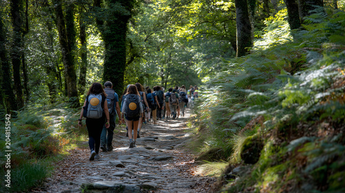 Diverse group of pilgrims walking on sacred path