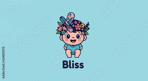 Blue pinstripe background with floral animal characters peeking