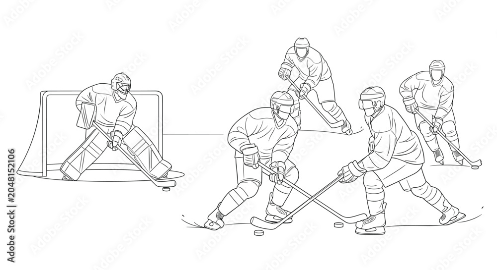 Obraz premium Detailed black and white line art illustration of ice hockey players in action including a goalie in front of the net and skaters.