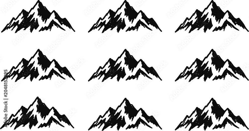 Fototapeta premium Set of hand drawn sketch mountain range silhouettes for outdoor adventure branding logo design and travel graphics