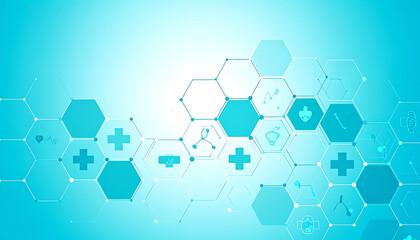 abstract medical science background, blue and white hexagonal pattern with plus signs and DNA strands, healthcare innovation and research concepts