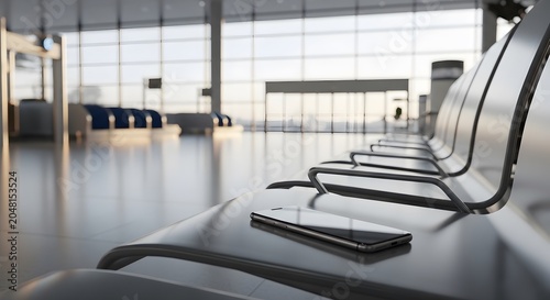 Modern airport waiting lounge with a lost smartphone on an empty seat, emphasizing travel and technology.