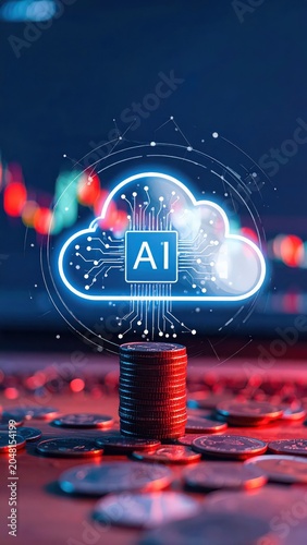 Artificial intelligence icon with cloud computing, financial trade graphs, and money coins for smart investment concept.