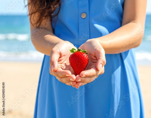 A woman in blue holds a vibrant red strawberry with the ocean and beach blurred in the background