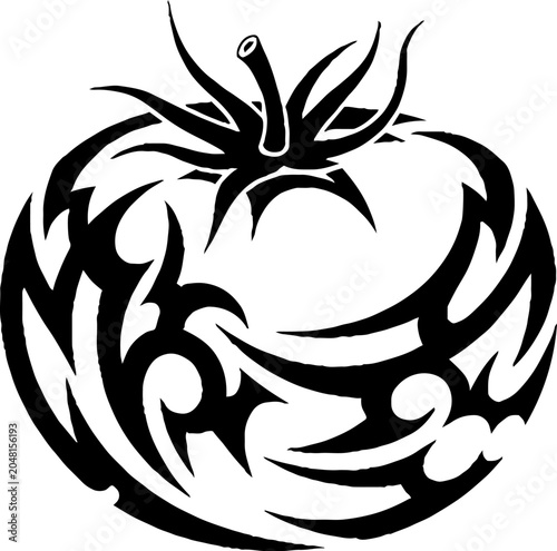 Tribal style tomato fruit illustration in black and white