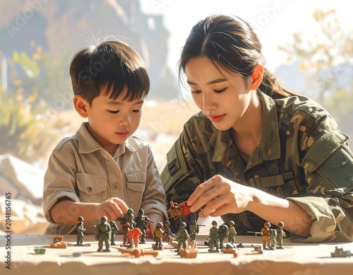 A woman in camouflage plays with a young boy using toy soldiers on a table in a bright outdoor setting