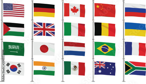 International world flags on flagpoles set, global country banner icons for embassy vector illustration