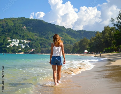 A woman in casual attire walks along a sandy beach towards the ocean, bathed in sunlight, with lush green hills in the distance