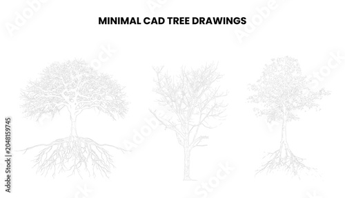 Minimal cad tree drawings, architectural tree sketches with roots, vector illustration of tree silhouettes for landscape design and architectural plans