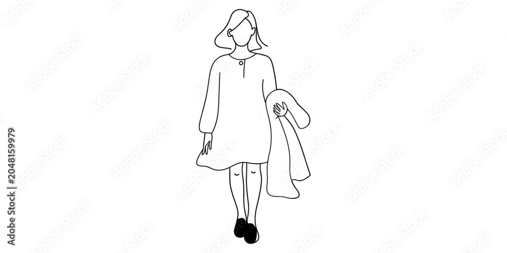 Fototapeta premium Minimalist line art drawing of a woman in a dress walking and holding a jacket Vector, illustration