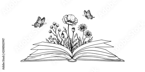Canvastavla Open book with flowers and butterflies illustration