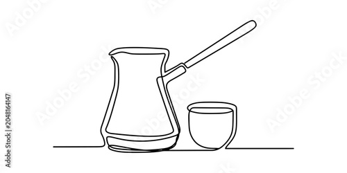 Cuadro en lienzo Continuous line drawing of a coffee pot and cup