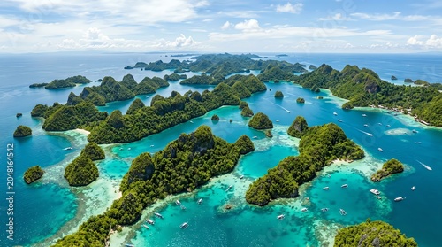 Aerial View of a Tropical Island Chain with Clear Blue Waters and Lush Green Vegetation.