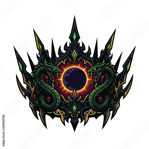 twin green snake gothic eclipse crest vector tattoo design
