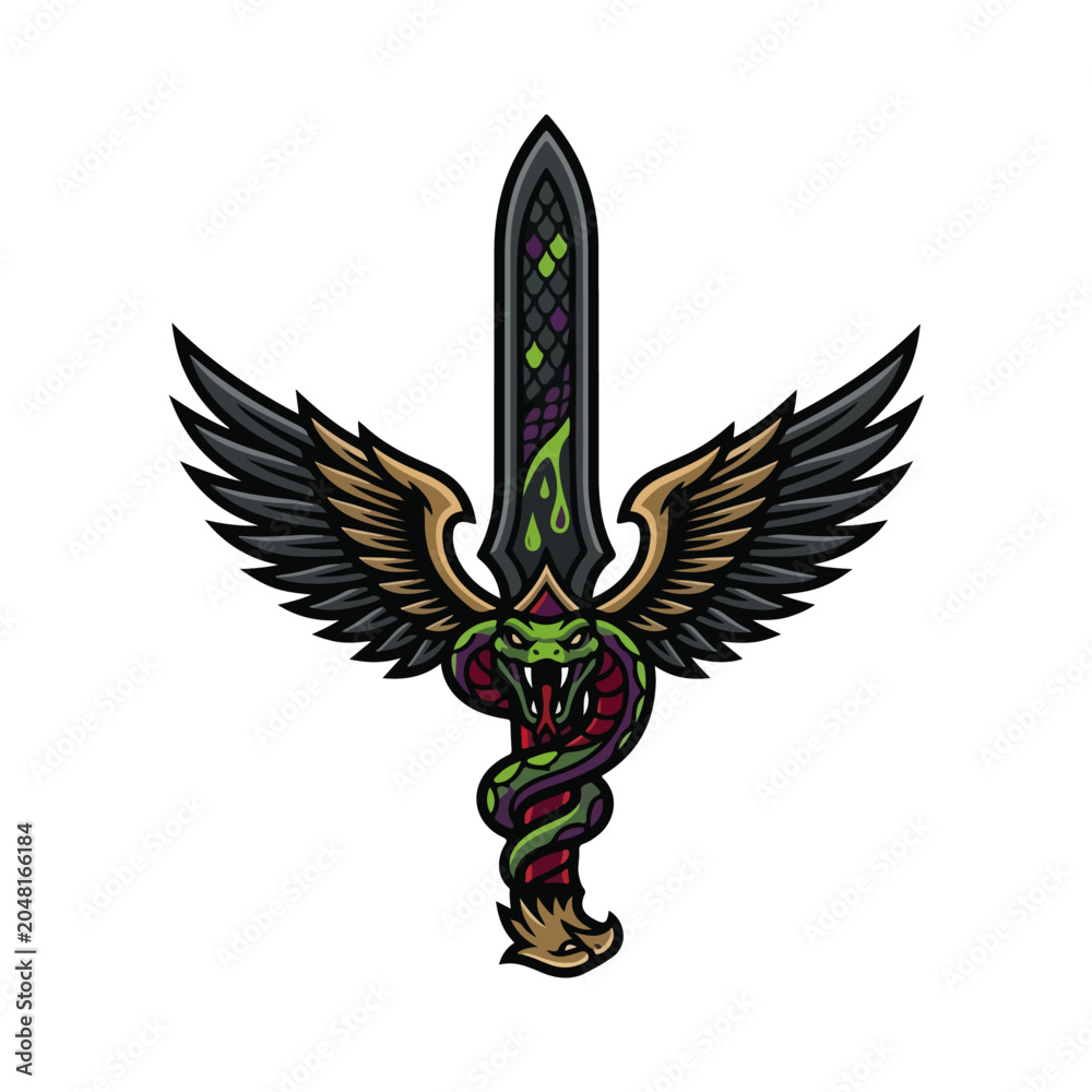 Fototapeta premium Winged Snake Dagger Mascot Vector Logo Design