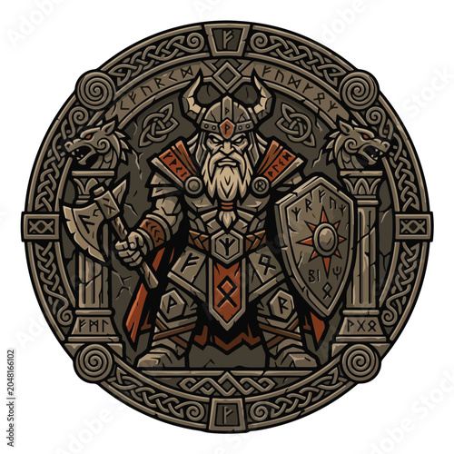 Viking Warrior Norse Rune Round Emblem Vector Design