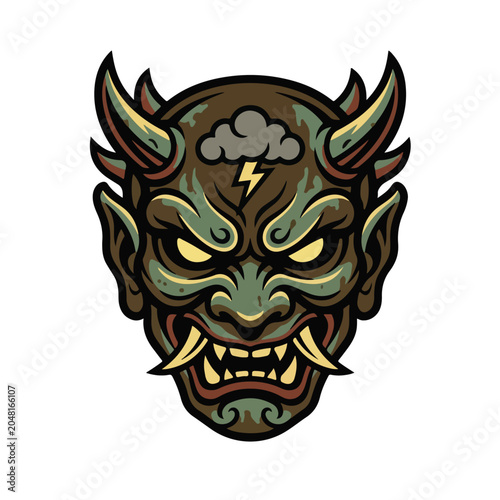 Vintage Japanese Oni Demon Mask Tattoo Style Vector Illustration