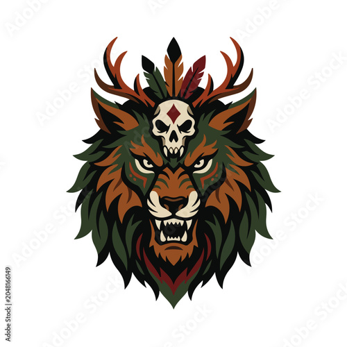 Tribal Wolf Head Deer Antler Skull Mascot Vector Illustration