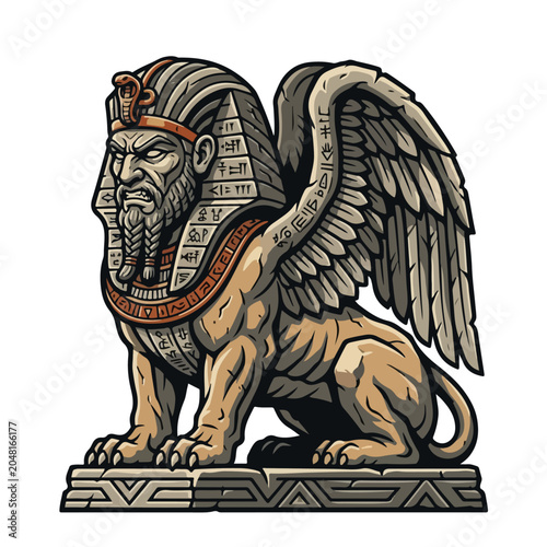 Winged Egyptian Sphinx Pharaoh Statue Vector Illustration