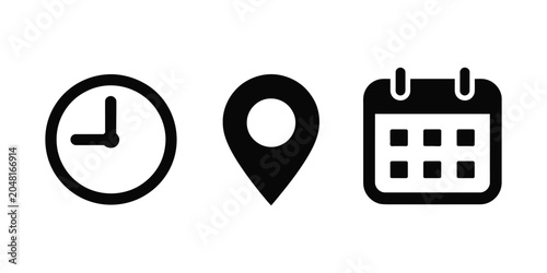 Time, address, and date icon vector with modern flat design, including clock, location pin, and calendar interface symbols.