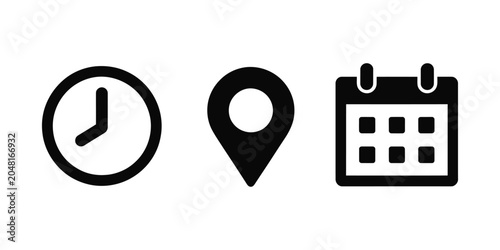 Time, address, and date icon vector in flat style featuring clock, pin map location, and calendar sign symbols.