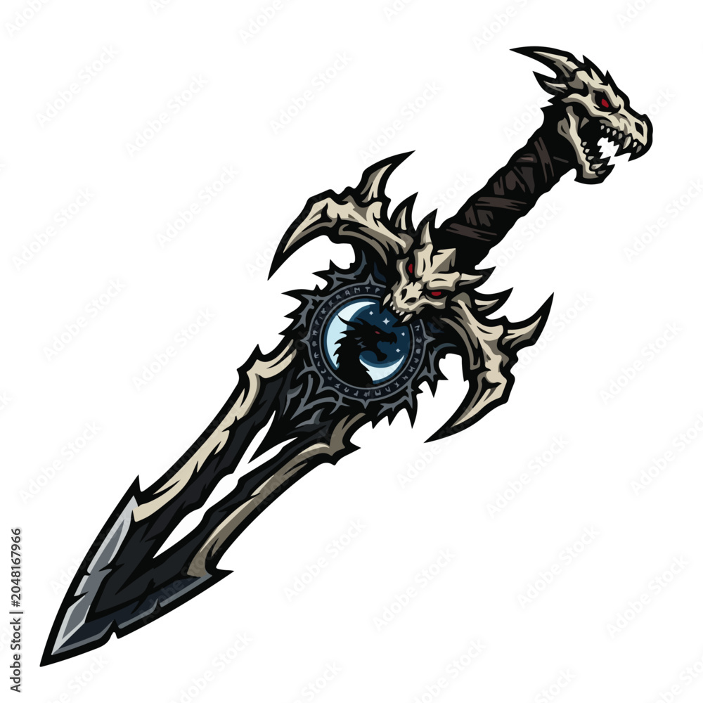 Obraz premium Dark Fantasy Dragon Skull Bone Sword Vector Illustration