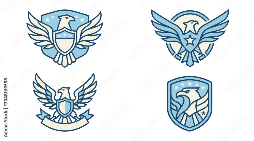 Obraz premium Four blue eagle crests and shield emblems on a white background