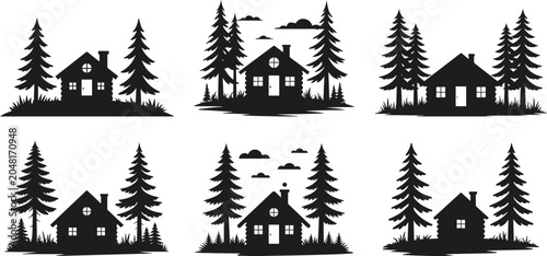 Canvastavla Set of  forest log cabin house surrounded by pine trees for outdoor adventure wi