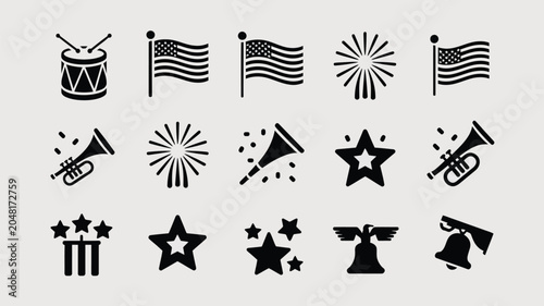 Set of black silhouette patriotic icons representing american holidays and national pride.