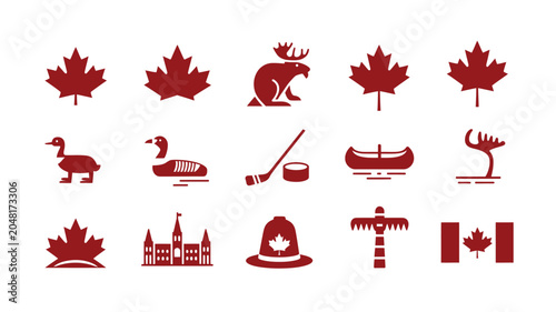 Cuadro en lienzo Set of canadian themed icons featuring wildlife maple leaf sports and national monuments
