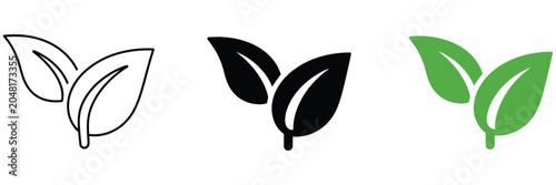 Two leaves icon with green eco logo design, nature organic isolated illustration for vegetarian and vegan product branding.