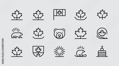 Collection of thin line icons for canada featuring maple leaves wildlife and landmarks art.