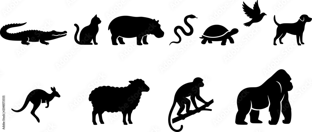 Fototapeta premium Animal Silhouette Collection Featuring Crocodile Cat Hippopotamus Snake Turtle Bird Dog Gorilla Kangaroo and Sheep Vector Set