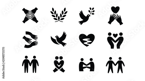 Bild auf Leinwand Set of fifteen icons representing unity heart shapes doves and collaborative connection