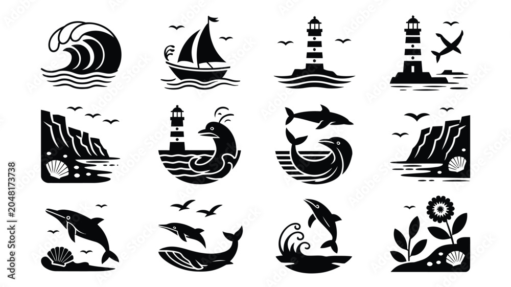 Obraz premium Coastal life vector icon pack depicting marine animals lighthouse cliff and plants.