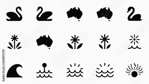 Photography Series of minimalist black and white icons for australian nature fauna and land terrain
